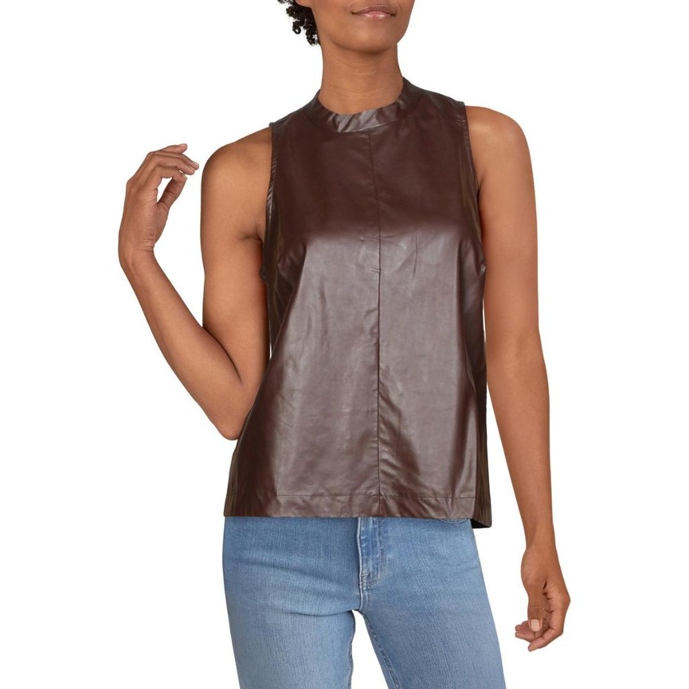 Aqua Chocolate Brown Faux Leather Sleeveless Mock Neck Tank Top